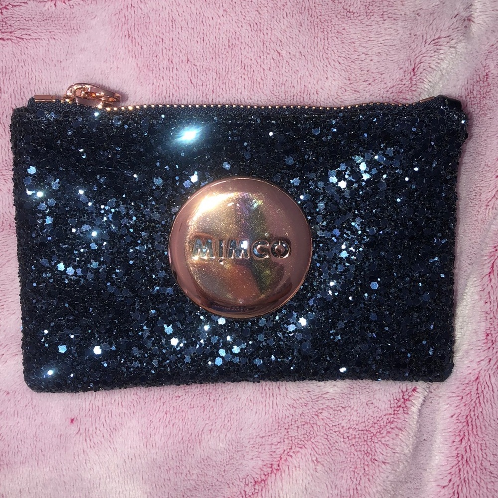 MIMCO Navy Glitter Zip Pouch with Rose Gold Accent